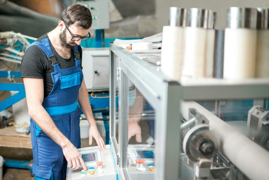 Man operating machine which makes paper tubes